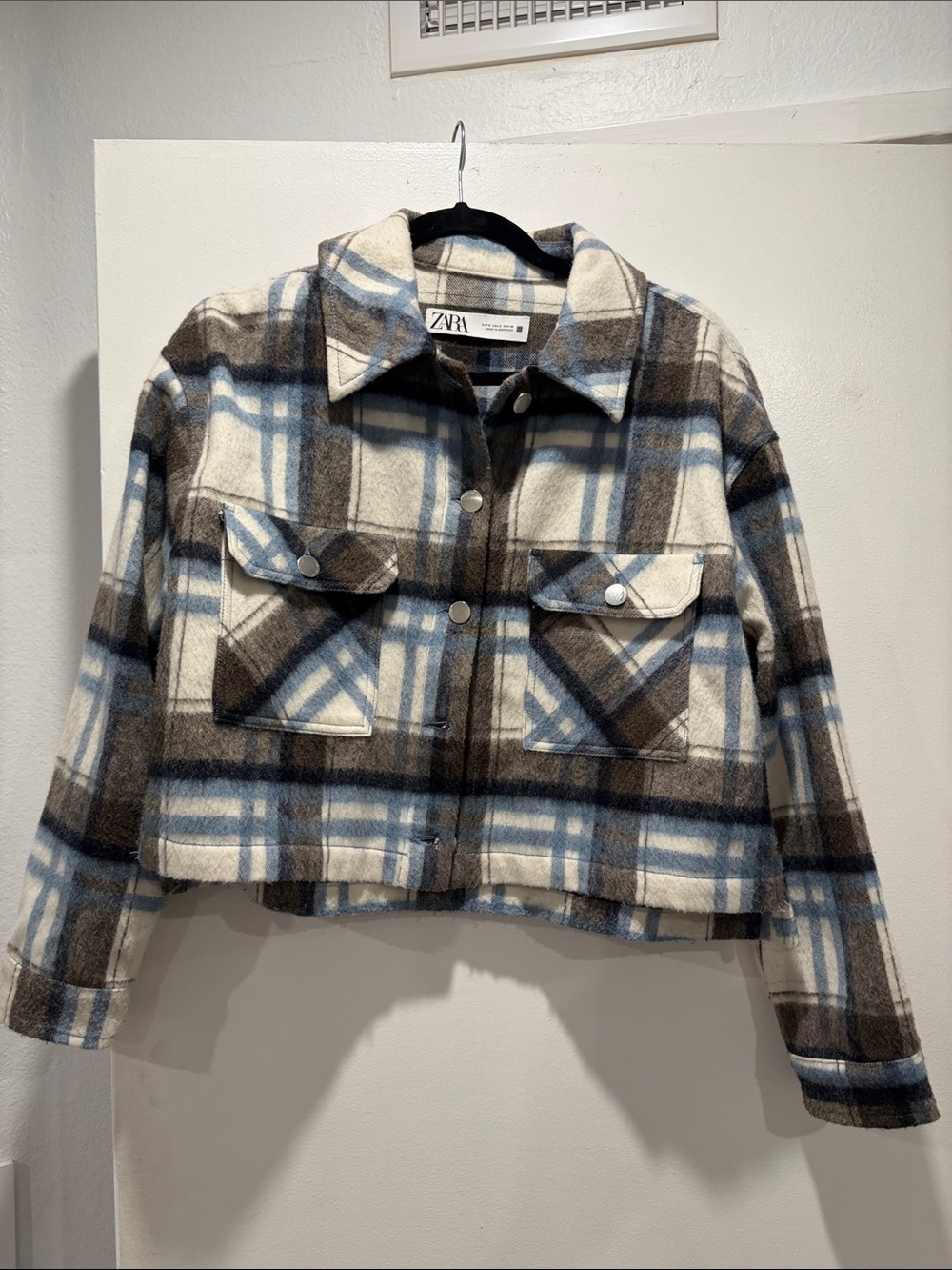 Zara Plaid Cropped Shacket in Cream, Blue & Brown